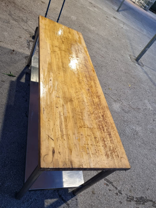 Bancone Tavolo in Acciaio con piano in Legno Usato Lungo 220cm