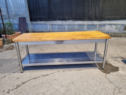 Bancone Tavolo in Acciaio con piano in Legno Usato Lungo 220cm