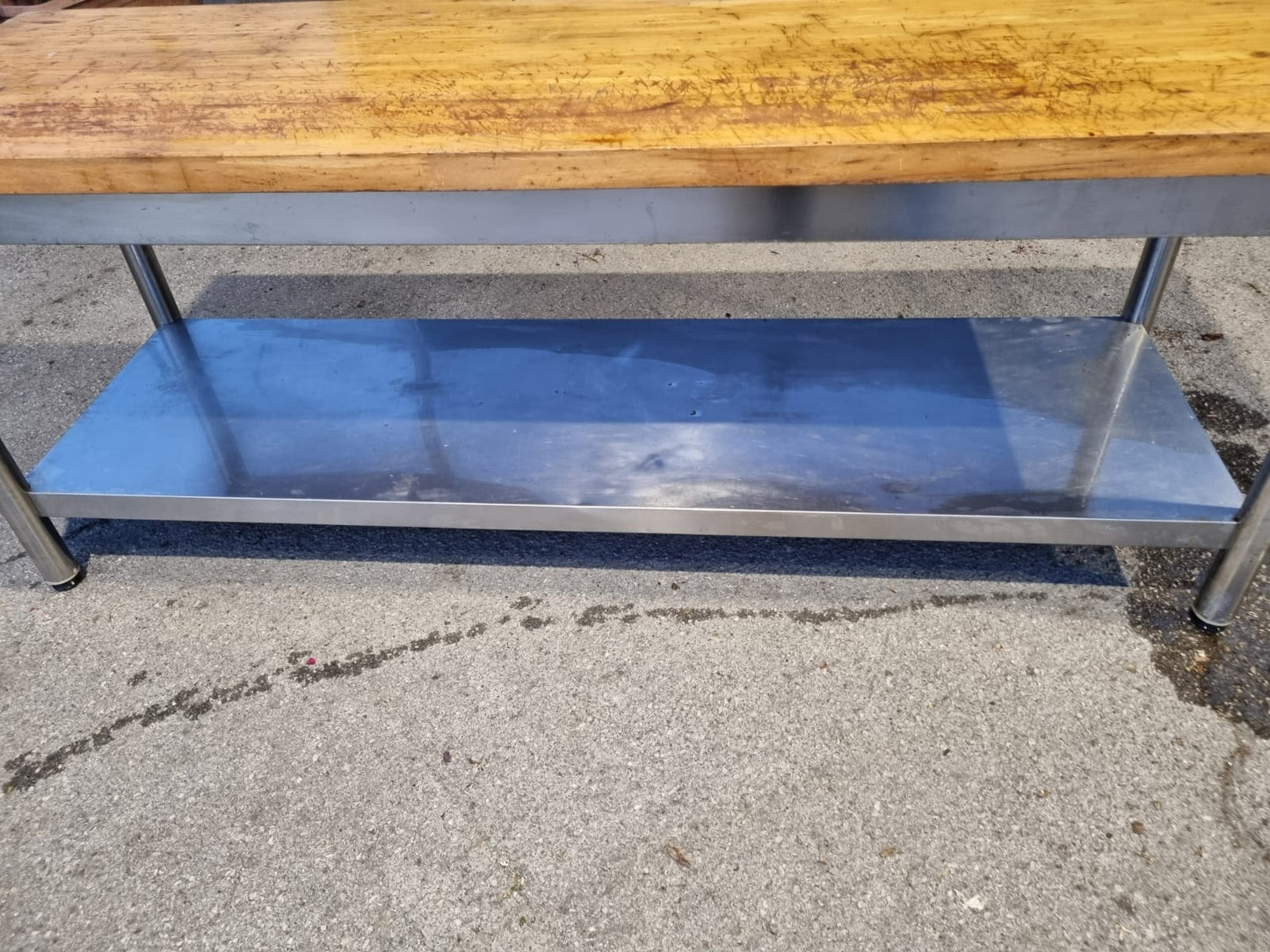Bancone Tavolo in Acciaio con piano in Legno Usato Lungo 220cm