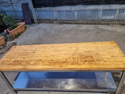 Bancone Tavolo in Acciaio con piano in Legno Usato Lungo 220cm